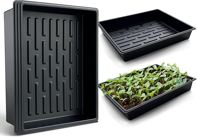 Seed Starter Tray, 5 Packs Plant Tray, Durable Plastic Growing Trays, Stackable Seedling Starter Trays Perfect for Indoor, Outdoor, Greenhouses, 16.5" L x 13.2" W x 2.8" H - Black