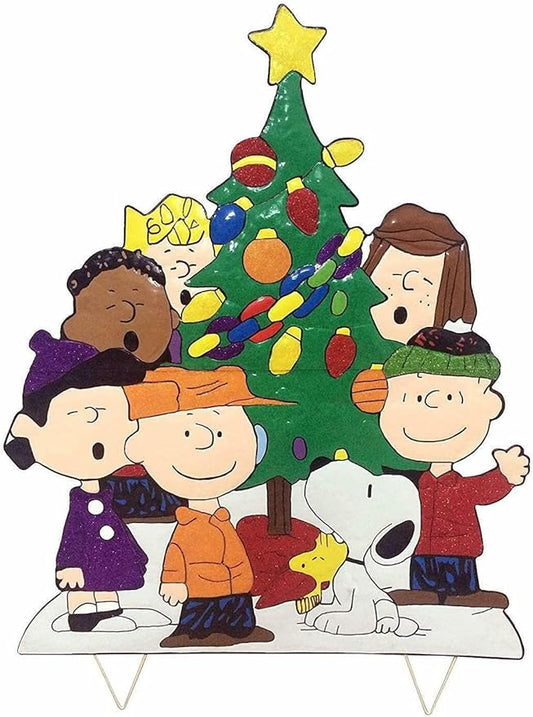Peanuts Gang Around The Tree Christmas Yard Art Outdoor Christmas Decor Hammered Metal (32'' Peanuts Gang Around The Tree), Multi Color, 18'' wide x 32'' high