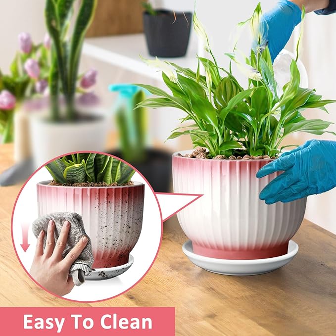 8 Inch Plant Pot, Ceramic Planter with Drainage and Saucer, Ceramic Pots for Plants, Indoor Plant pots,Ceramic Flower pots(Pink + White, Plants NOT Included)