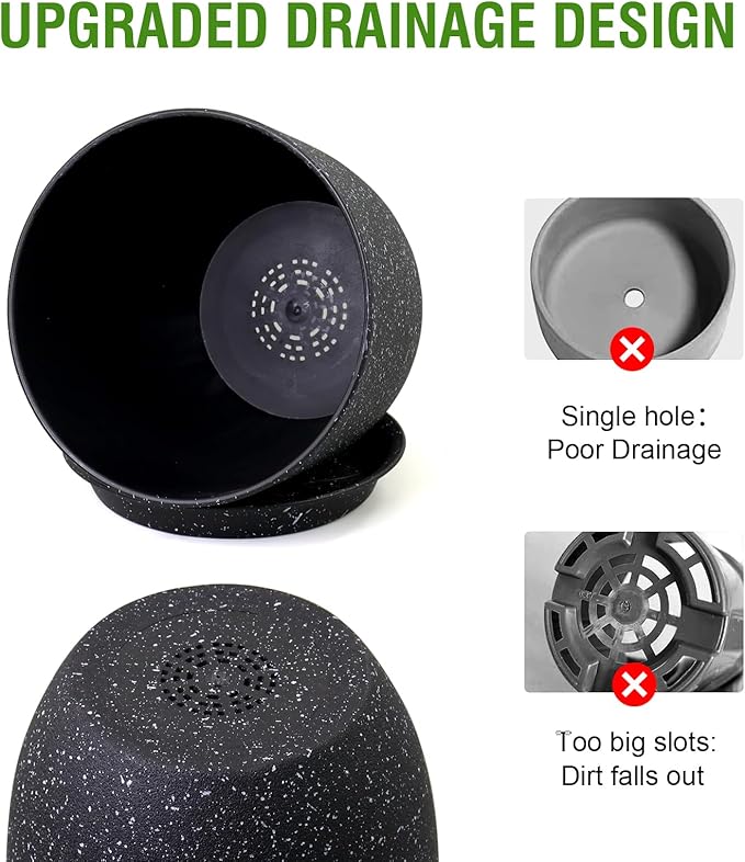 Plant Pots 10/9/8 inch, Set of 3 Modern Decorative Plastic Planters with Drainage Holes and Saucers for Garden House Plants, Flower Pots for Indoor Outdoor Plants, Speckled Black