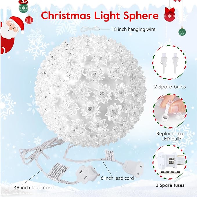 Christmas Hanging Starlight Sphere Light, 7.5” 100 Replaceable LED Bulbs with Add-On Plug, LED Sphere Lights for Trees Party Wedding Patio Indoor Outdoor Decorations, Warm White