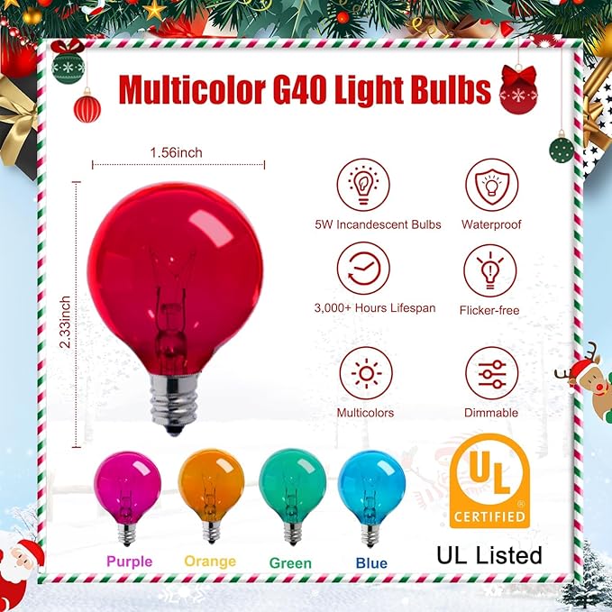 Brightown 50 Pack G40 Colorful Incandescent Bulb, Vintage Globe Replacement Light Bulb for Christmas Lights, 5 Watt E12 C7 Candelabra Base for Patio Yard Garden Holiday Xmas Decoration