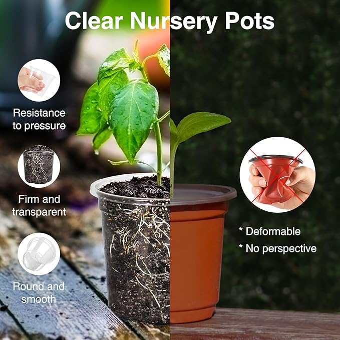 Bonviee Clear Nursery Pots for Plants, 4 Inch Plastic Seedling Pots with Drainage Holes, Planters for Indoor Plants and Small Seed Starters, High Transparency Flower Pots with 20 Plant Labels, 60 Pack