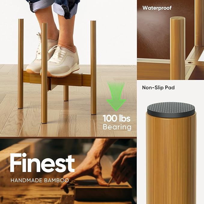 MUDEELA Adjustable Plant Stand Indoor, Bamboo Plant Stand 8 to 12 Inches, Single Floor Plant Stand for Indoor Plants, Bamboo Light Brown Planter Stand for Indoor Plants, Pot Plant Not Included