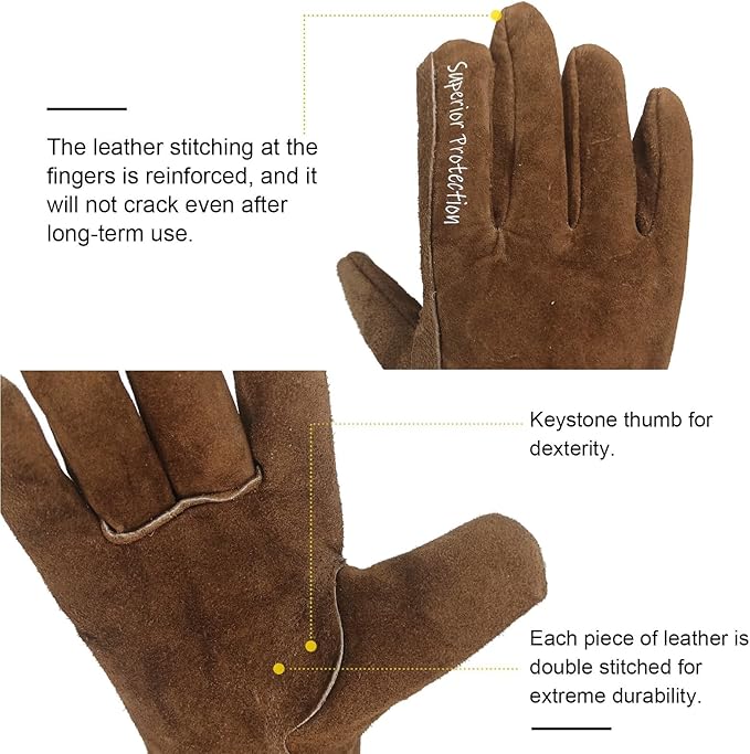 12 Pairs Bulk Leather Work Gloves for Men or Women for Gardening, Construction, Truck, Driving, Farm, Ranch, Woodworker, Soft, Cowhide Thickened, Water Resistant, Brown, XLarge