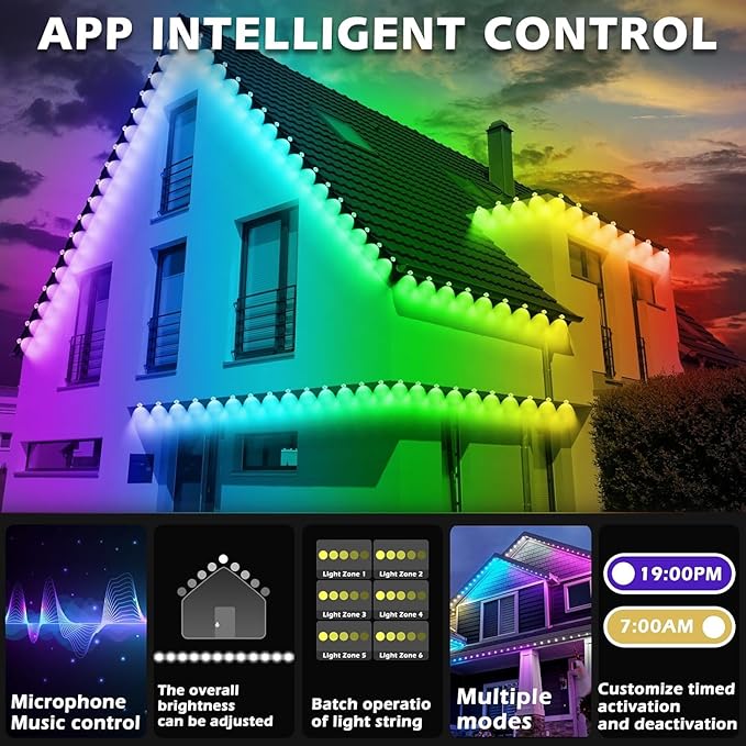 400FT Permanent Outdoor RGB Lights,IP67 Waterproof Smart LED Eaves Lights with App/Remote Control,for Christmas and All Holiday Decor,Daily and Accent Lighting,House Roof and Garden Lighting