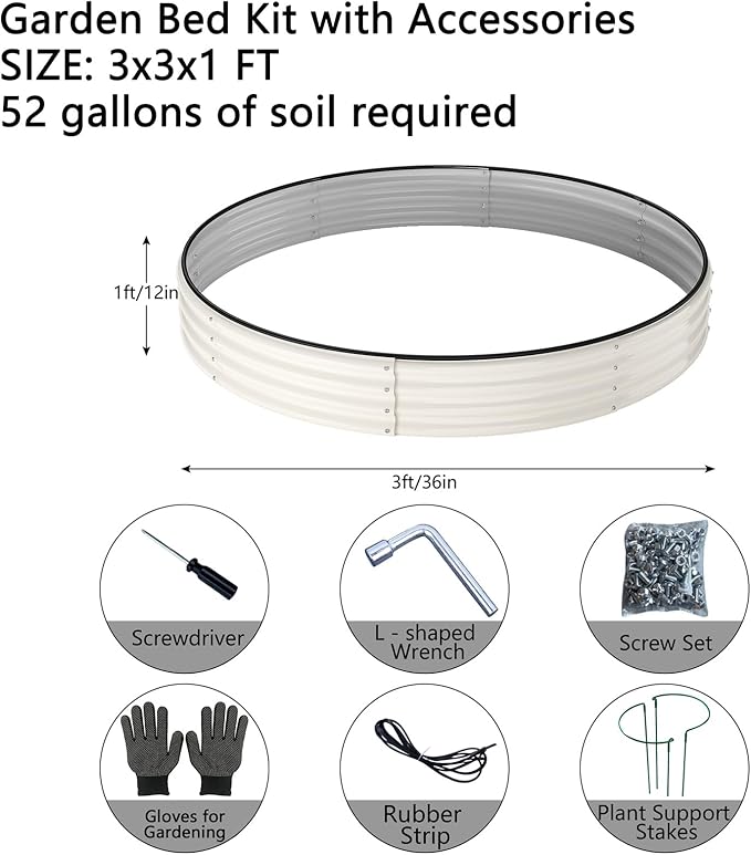 Galvanized Metal Planter Round Raised Garden Bed Kit for Gardening Outdoor，3x3x1ft 2PC Grow Garden Box Raised Flower Bed，Round Galvanized Planter Outdoor Large Metal Fire Pit Ring White