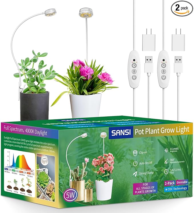 SANSI Grow Lights for Indoor Plants, ETL Listed Pot Clip LED Plant Lights for Indoor Growing, Full Spectrum, 4-Level Dimmable, Auto On Off 3 6 12 Hrs Timer for Small Plants,Garden Gift White 5V 2-Pack