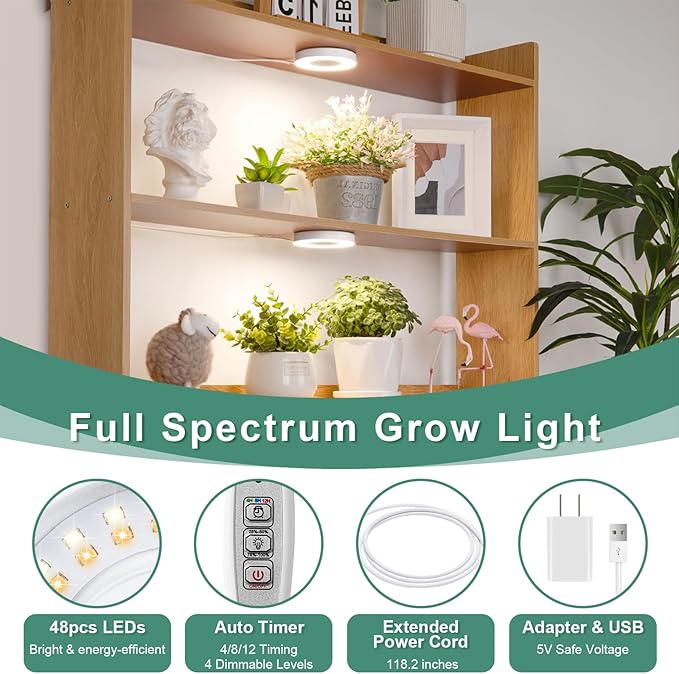 LORDEM Grow Light for Indoor Plants, 48 LEDs Ceiling Full Spectrum Plant Light, 5V Corded Growing Lamp with 4/8/12H Auto Switch, 4 Dimmable Brightness Levels, Single-Head, 2 Pack