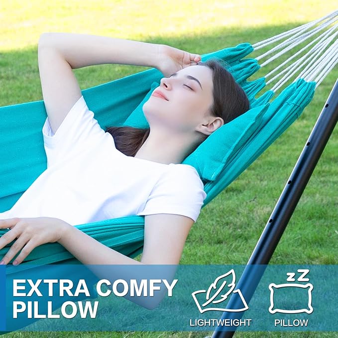 PNAEUT Double Hammocks with Stand for Outside, Portable Space Saving Heavy-Duty Steel Stand for Indoor Outdoor Patio with Carrying Bag, 450 lbs Capacity (Aqua)