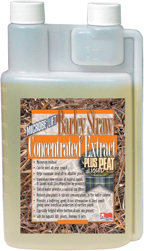 Microbe-Lift Concentrated Barley Straw Extract Plus Liquid Peat Conditioner for Ponds and Outdoor Water Garden, Safe for Live Koi Fish, Plants, and Decorations, 64 Ounces