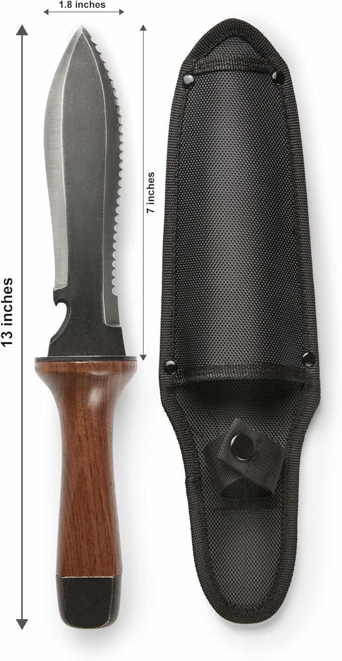 Hori Hori Garden Knife, Traditional Japanese Weeding Tool with ergonomic wooden handle. Large 7'inch blade with case. (Standard blade)