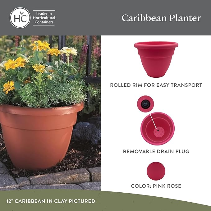 The HC Companies Caribbean Planter Pot - Outdoor & Indoor Plant Pot with Drainage Hole & Plug - Rolled Rim Plastic Pots for Plants & Flowers - Decorative Plant Pot (14" Pink Rose, Pack of 2)