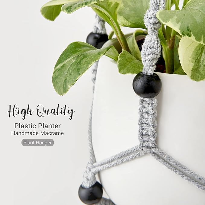 Mkono Macrame Plant Hanger Indoor Hanging Planter Basket with Wood Beads Decorative Flower Pot Holder No Tassels for Indoor Outdoor Boho Home Decor 35 Inch, Gray, Set of 3 (POTS NOT Included)