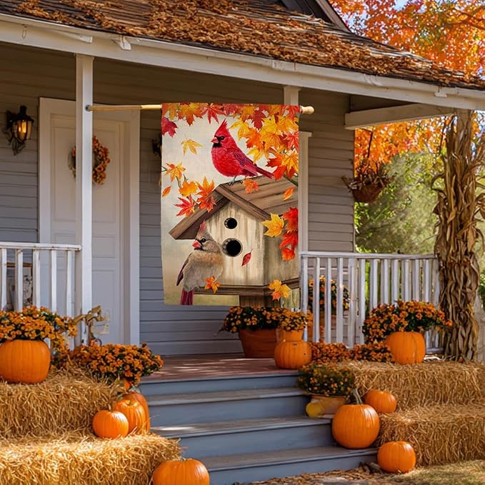 BLKWHT Fall Cardinal Bird House Flag 28x40 Vertical Double Sided Maple Leaves Welcome Autumn Thanksgiving Holiday Outside Decorations Burlap Yard Flag BW829-40