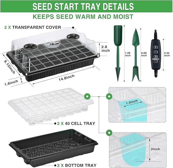 YAUNGEL Seed Starter Tray with Grow Light, Seed Starter Kit with Timing Controller Adjustable Brightness, 80 Cells Seed Trays for Indoor Planting with Humidity Domes Heightened Lids 2 Pack, Black