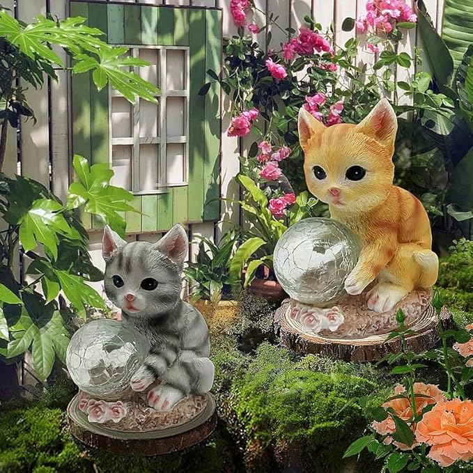 coolboy Solar Cat Outdoor Garden Statue,Waterproof LED Lights Outdoor Decor,Solar Lantern Indoor Figurines,Resin Cat Ornament for Patio Garden Table Decor