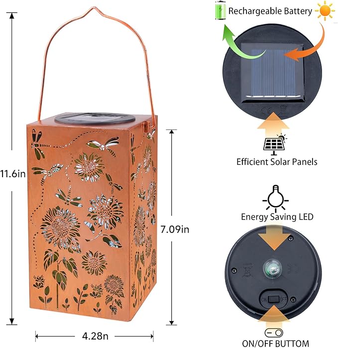 Solar Lanterns Outdoor Hanging Dragonfly Lantern Waterproof Decor Garden Metal LED Sunflower Christmas Lights Gifts for Mom Grandma Women Decorative Patio,Yard,Lawn,Balcony,House