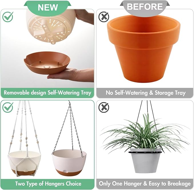 Set of 2-10 Inch Hanging Planters for Indoor Plants with Self-Watering Includes Hanging Pots for Plants, Outdoor Hanging Plant Pot with Drainage, and 2 Types of Hanging Baskets Hangers (White, 10inch)