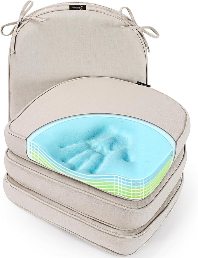 SUNROX Gel Memory Foam Chair Cushions, FadeShield Water-, Stain-Resistant Durable Reversible Seat Cushion Pads with Ties for Indoor/Outdoor Kitchen Dining Office, 19"x19", Set of 4, Cream