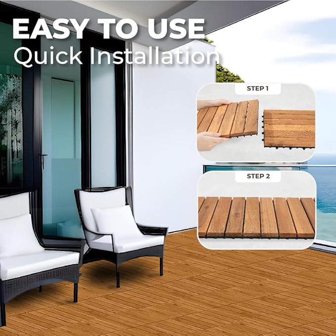 Pack of 10 Deck Tiles - 12"x12" Interlocking Natural Solid Acacia Wood for Outdoor & Indoor, Patio Garden, Balcony, Poolside - Teak Color