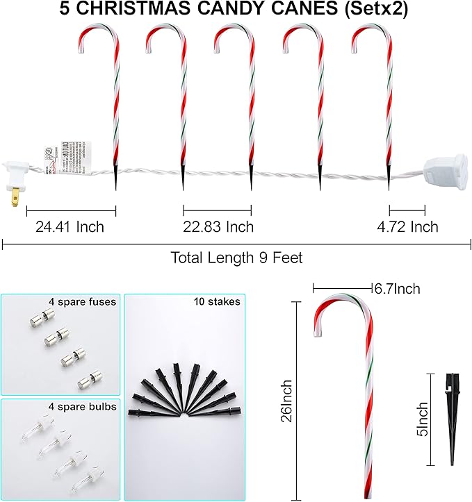 26" Candy Cane Lights Christmas Decorations - 10 Pack Pathway Markers Outdoor Yard Decorations, Candy Cane Lights for Walkway, Lawn, Garden, Xmas Indoor Ornaments, Red & Green (100 Lights Bulbs)