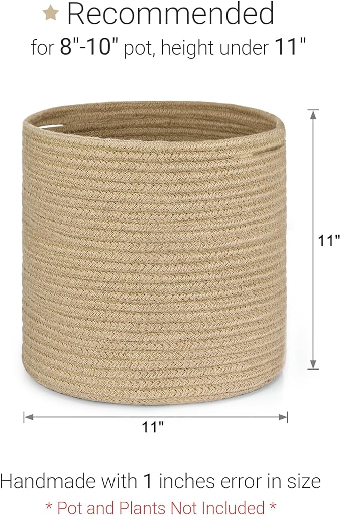 Dahey Jute Rope Plant Basket Modern Woven Storage Basket for 10" Indoor Planter, Decorative Flower Pots Cover Laundry Bin with Handle Rustic Home Decor, Beige