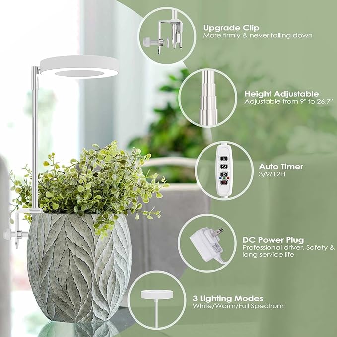 Grow Lights for Indoor Plants, Full Spectrum Plant Lights with Clip, Height Adjustable and 3 Spectrum Modes, 3/9/12h Automatic Timer, 10 Dimmable Brightness, Mini Halo Grow Lights for Small Plants