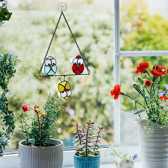 Owls Decor Stained Glass Suncatcher,Multicolor Owl Stained Glass Window Hangings,Bird Suncatchers Deocr for Door Room,Owl Gifts for Mom,Grandma,Bird Gifts for Bird Lovers Women