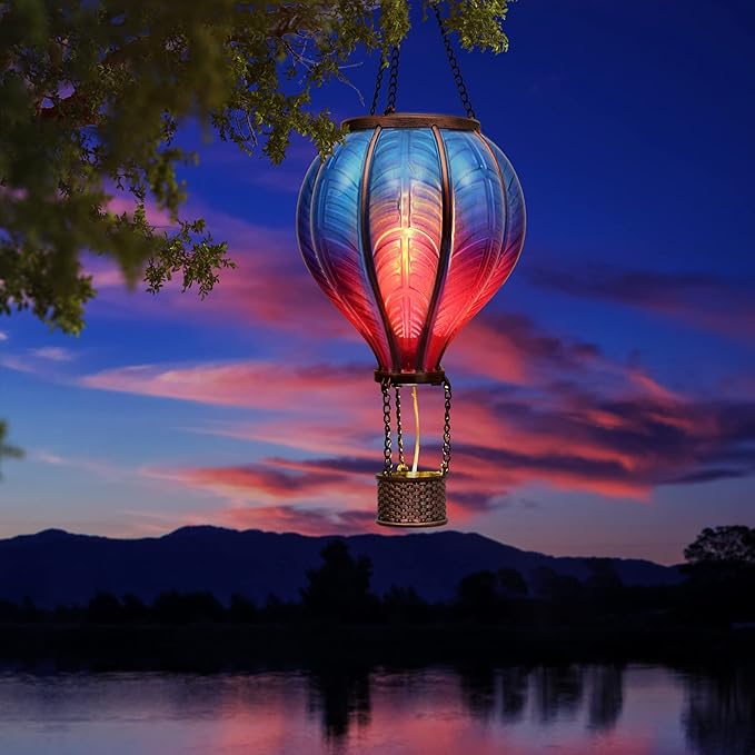 TERESA'S COLLECTIONS Hot Air Balloon Solar Lantern for Garden Decor+Flickering Flame Hanging Outdoor Lights Waterproof for Party Porch Yard Garden Tree Decorations,Gifts for Mothers Day