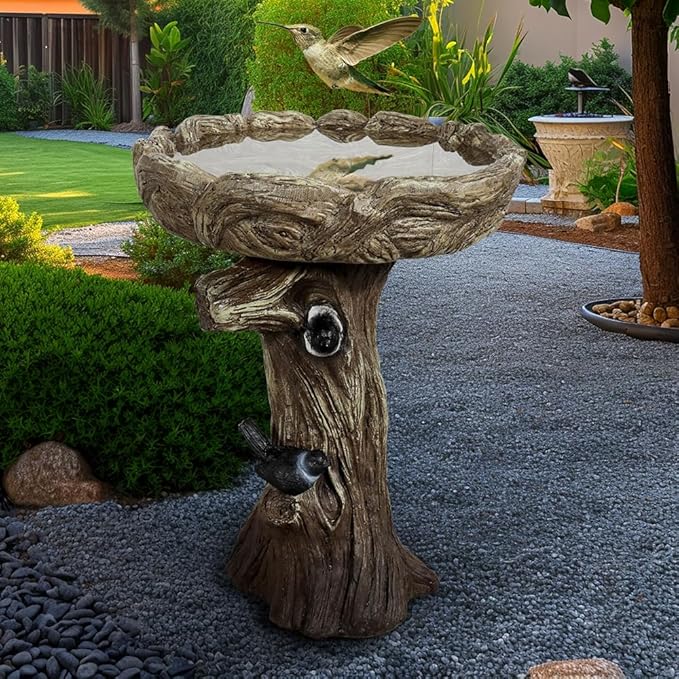 SKYFIRE 23” Tall Fibre Reinforced Concrete Birdbaths with Birds for Patio, Woodland Tree Trunk Decorative Outdoor Bird Bath for Garden，Pedestal Birdbaths for Outdoors, Garden, Patio, Lawn, Backyard