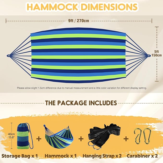 ANYOO Cotton Hammock Portable Camping Hammocks for Hanging Sturdy Garden Comfortable Fabric Hammock with Tree Straps Up to 660lbs with Travel Bag for Camping Outdoor/Indoor Patio Backyard