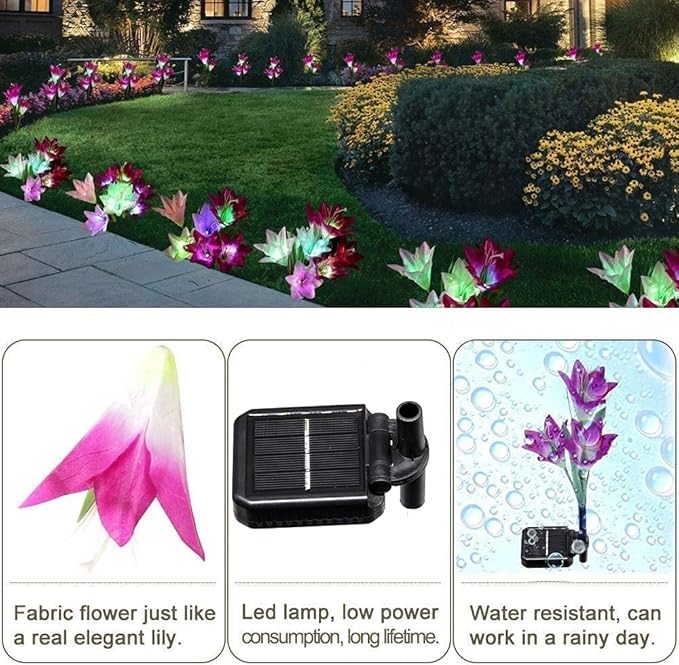 SOLARBABY Solar Lights Outdoor Garden, 4 Pack Solar Garden Lights Outdoor Waterproof Multicolor Changing Led Solar Flower with Bigger Lily for Patio Yard Pathway Balcony Decoration