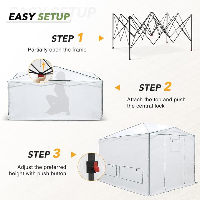 EAGLE PEAK 12x8 Portable Walk-in Greenhouse, Pop-up Indoor Outdoor Garden Green House, Zippered Doors and Windows, Heavy Duty Woven PE Cover, White