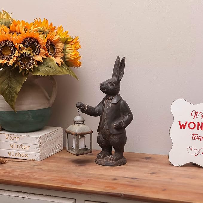 NIKKY HOME Easter Bunny Decorations, Vintage Resin Bunny Figurine with Lantern, Metal Rabbit Tealight Candle Lantern Holder Rabbit Outdoor Statues Gift for Garden Home