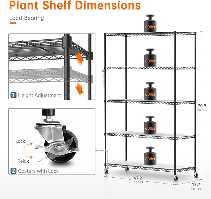 Plant Shelf with Grow Lights, 5 Tier Large Tall Plant Stand with 3FT T5 144w Grow Light for Indoor Plants, 3 Mode Full Spectrum LED Plant Light with wheel and Timer for Seedling, 47.2x17.8x71IN