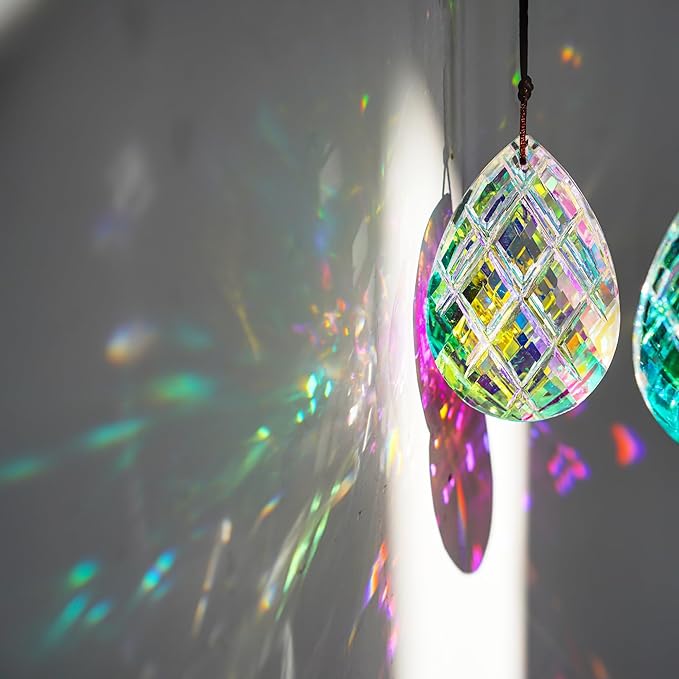 HDCRYSTALGIFTS Set 2 Crystal Sun Catcher Prisms Pendant for Window Hanging Decor,3inch AB Colored Crystal Suncatchers Rainbow Maker Light Catcher for Home Indoor Garden Ornament