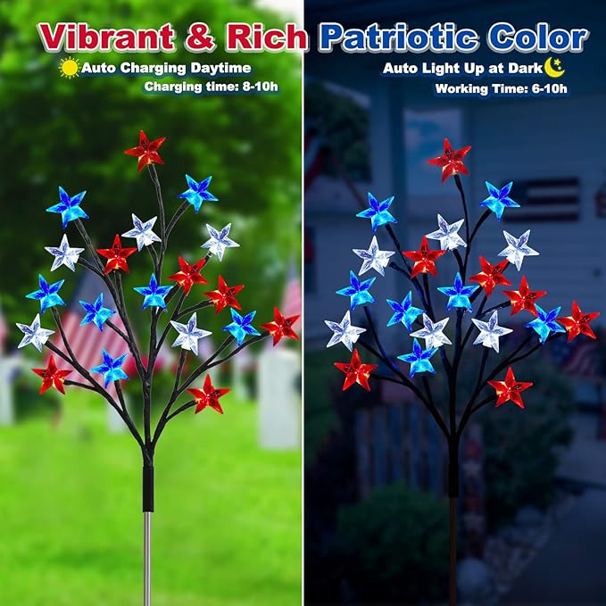 Solar 4th of July Decorations Outdoor Lights, 4-in-1 8 Modes Red White and Blue Star Stake Lights, Waterproof Solar Patriotic Decorations Outdoor for Fouth of July Memorial Day Yard Pathway Grave
