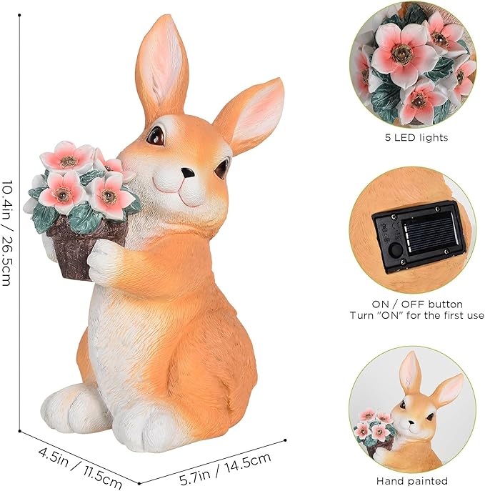 SIX FOXES Solar Garden Outdoor Statues Bunny with Flowers LED Lights - Large Size XXL(10.4×4.5×5.7 inches), Rabbit Decor for Patio, Balcony, Yard, Lawn Ornament, Unique Gifts for Everybody