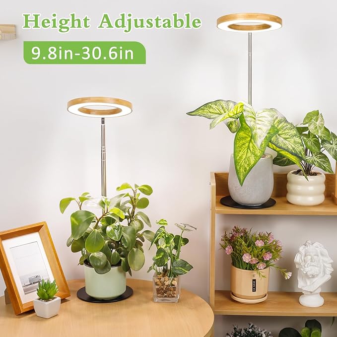 LORDEM Bamboo Grow Light for Indoor Plants, Full Spectrum Plant Light for Indoor Growing, Desk LED Grow Lamp with Auto On/Off Timer for 4H/8H/12H, 4 Dimmable Levels, Height Adjustable, 1 Pack