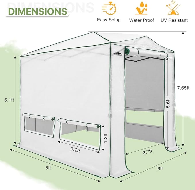 EAGLE PEAK 8x6 Portable Walk-in Greenhouse, Pop-up Indoor Outdoor Garden Green House, Zippered Doors and Windows, Heavy Duty Woven PE Top, White