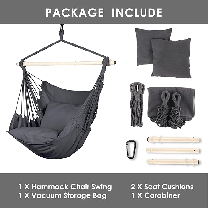 Highwild Hammock Chair Hanging Rope Swing - Max 500 Lbs - 2 Cushions Included - Steel Spreader Bar with Anti-Slip Rings - for Any Indoor or Outdoor Spaces (Grey)