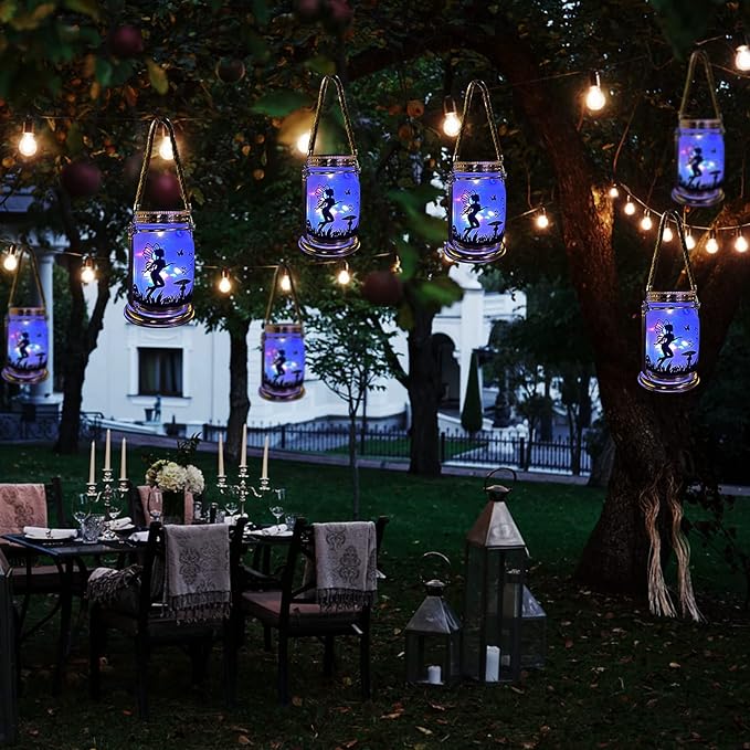 4 Pack Solar Fairy Lights Decorations Garden-Solar Fairy Lantern Mason Jar Colorful Ornament Night Light-Ourdoor Gifts Hanging Lamp Frosted Glass Jar with Stake for Yard Garden Patio Lawn