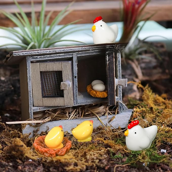Hiawbon Miniature Retro Wooden Chicken Coop Mini Family Chicken,Hen,Chick,Egg,Chicken Nest Ornament Micro Landscape Fairy Garden Decor