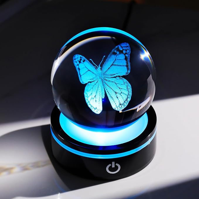 YWHL 3D Crystal Ball Butterfly Figurine with Colorful LED Base, Laser Butterfly Gifts for Women Men on Christmas Birthday, Ornament Glass Sphere Decorative Ball for Home Decor (80mm)