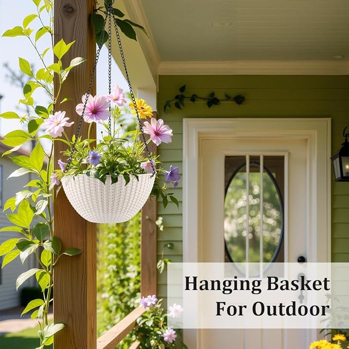 Hanging Planters for Indoor Outdoor Plants 8/10 Inch, 4 Packs Plant Hanger with Drainage Holes, Hanging Basket Flower Pot Perfect for Home, Office and Garden,White