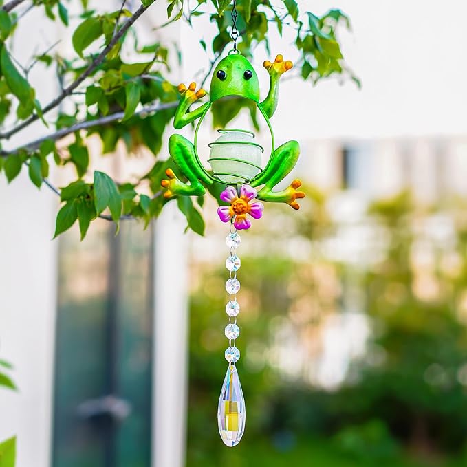 Stained Glass Metal Frog Suncatcher Crystals for Window Ornament - 17" Outdoor Fence Wall Art Decor, Rainbow Maker Hanging for Garden Yard Living Room Bedroom Patio Balcony