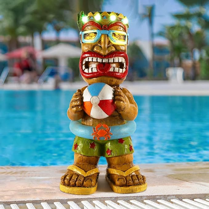 Large Float Tiki Garden Statue,Funny Tiki Decor Figurine with Multi-Color Changing Solar Lights,Hawaiian Tiki Man Outdoor Patio Yard Lawn Bar Party Beach Pool Decoration,Christmas Ornament Gift