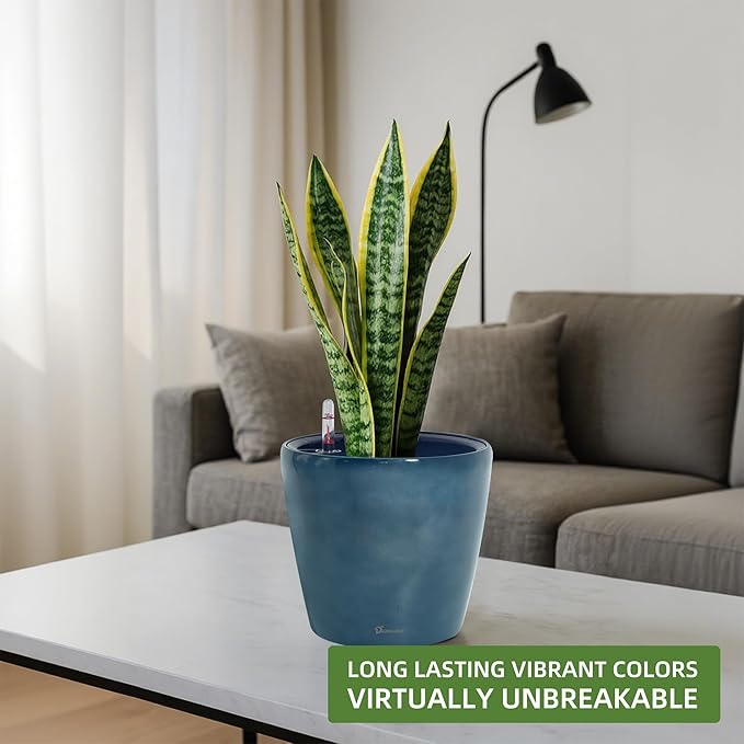 Dexceder 11x10 Inches Self Watering Planter Indoor Outdoor, Inner Pot Design, Thickened Table Flower Plant Pot with Water Level Indicator (Grayish Green Gradient)