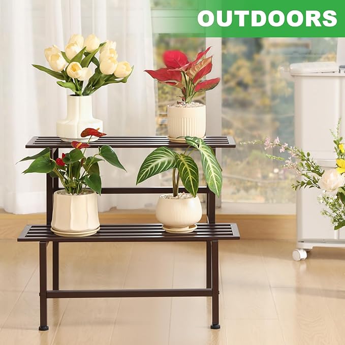Metal Plant Stand Outdoor Plant Shelf Indoor,2 Tier Heavy Duty Ladder Plant Stands for Multiple Plants,26" L x 20.25" H x 17.75" W,Coffee